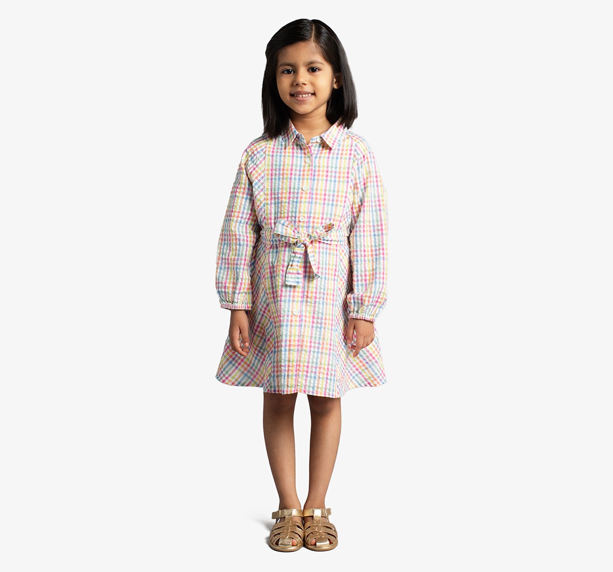 Girls Shirt Dress With Balloon Sleeves & Belt