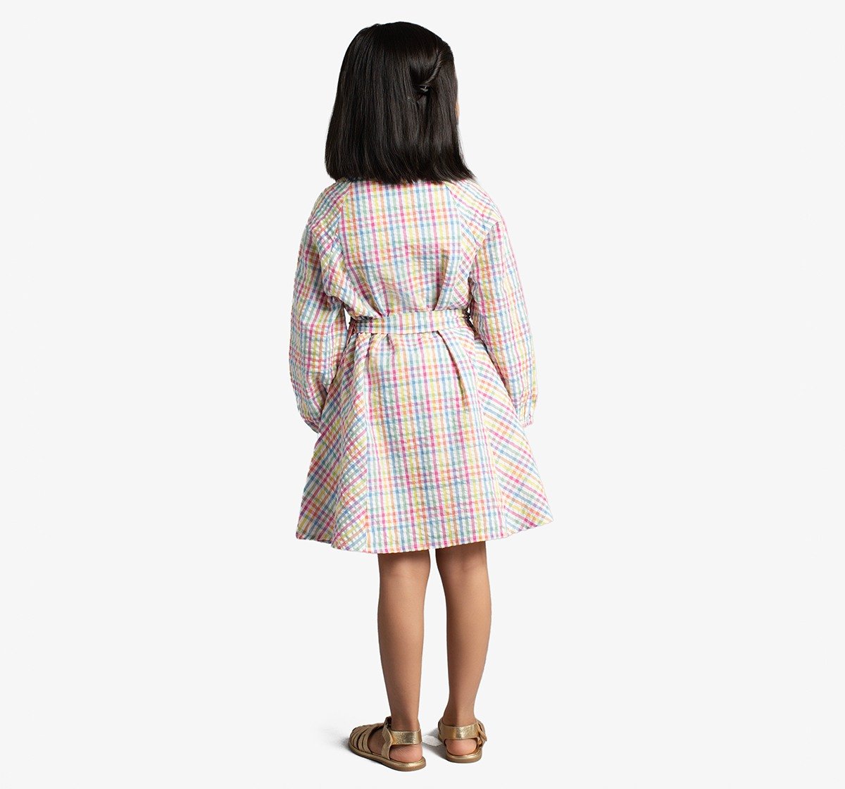 Girls Shirt Dress With Balloon Sleeves & Belt