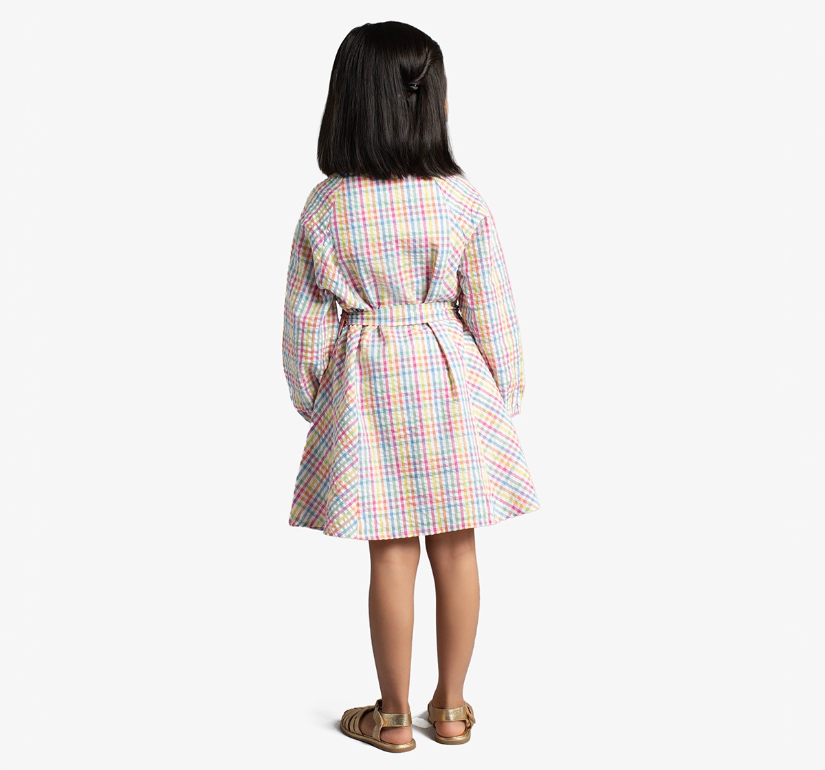 Girls Shirt Dress With Balloon Sleeves & Belt