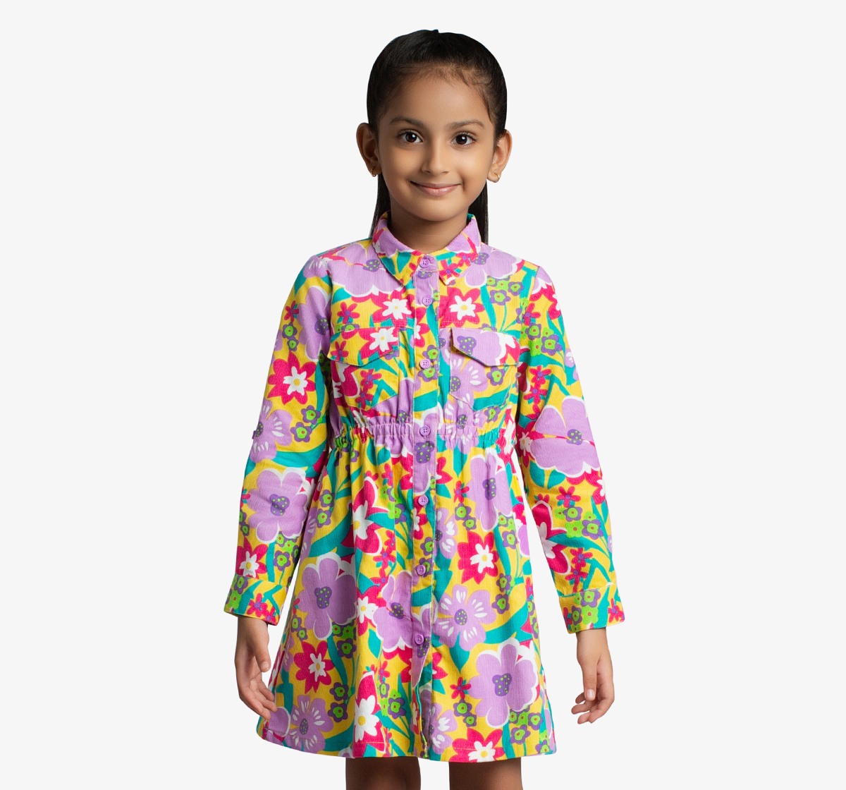 Girls Floral Printed Corduroy Dress