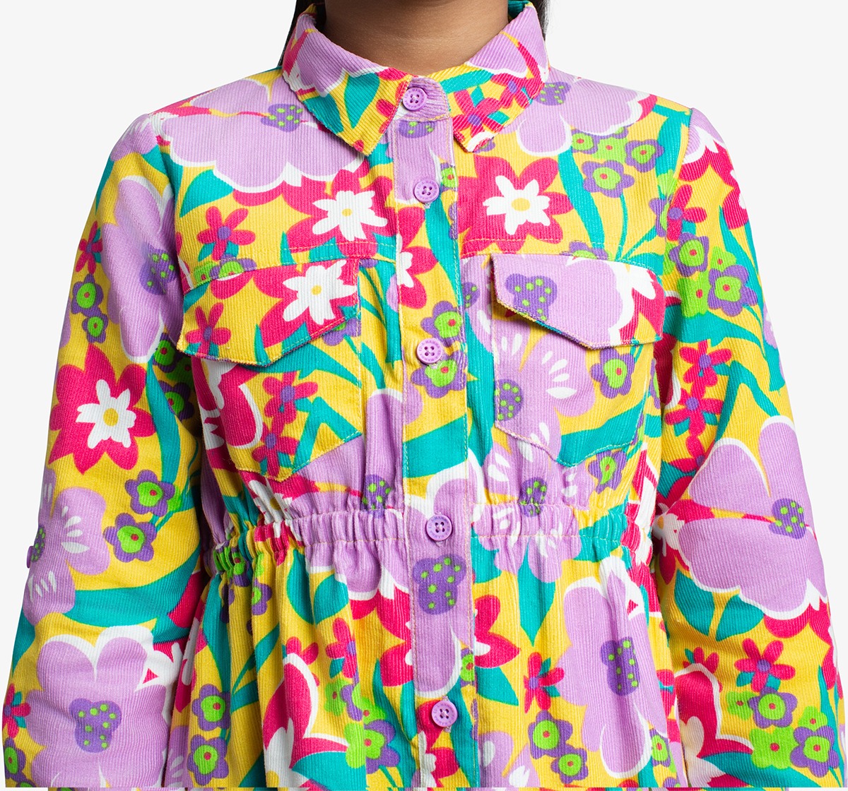 Girls Floral Printed Corduroy Dress