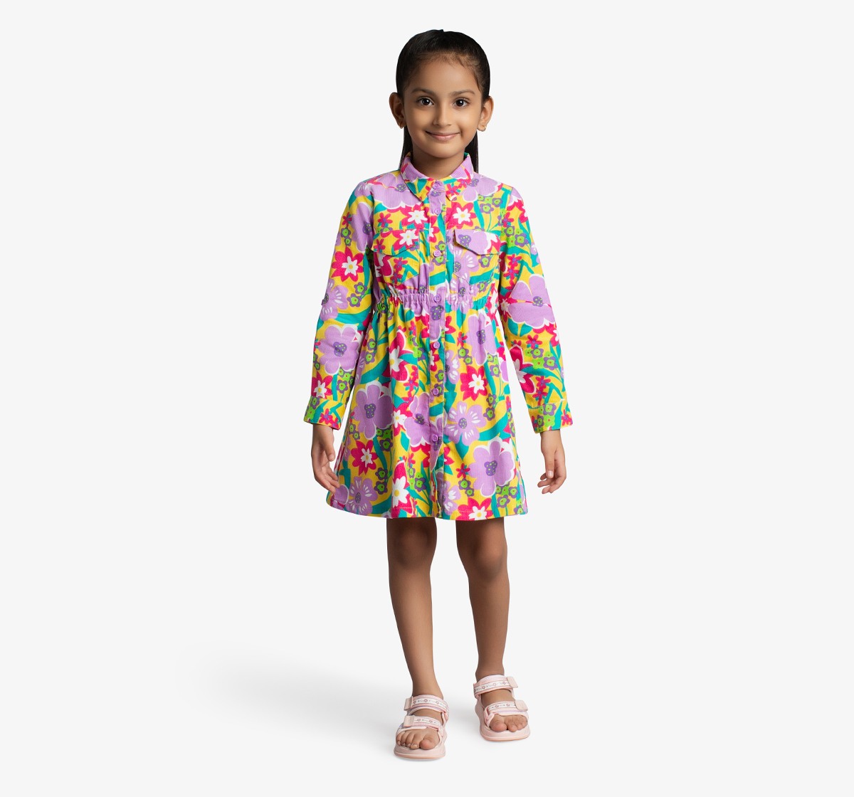 Girls Floral Printed Corduroy Dress