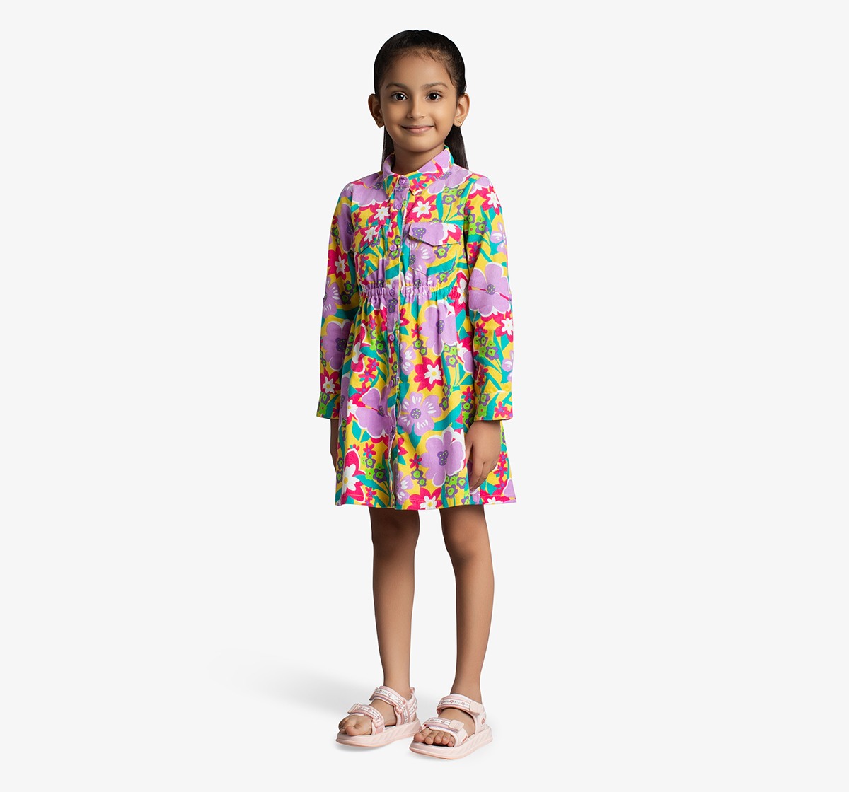 Girls Floral Printed Corduroy Dress