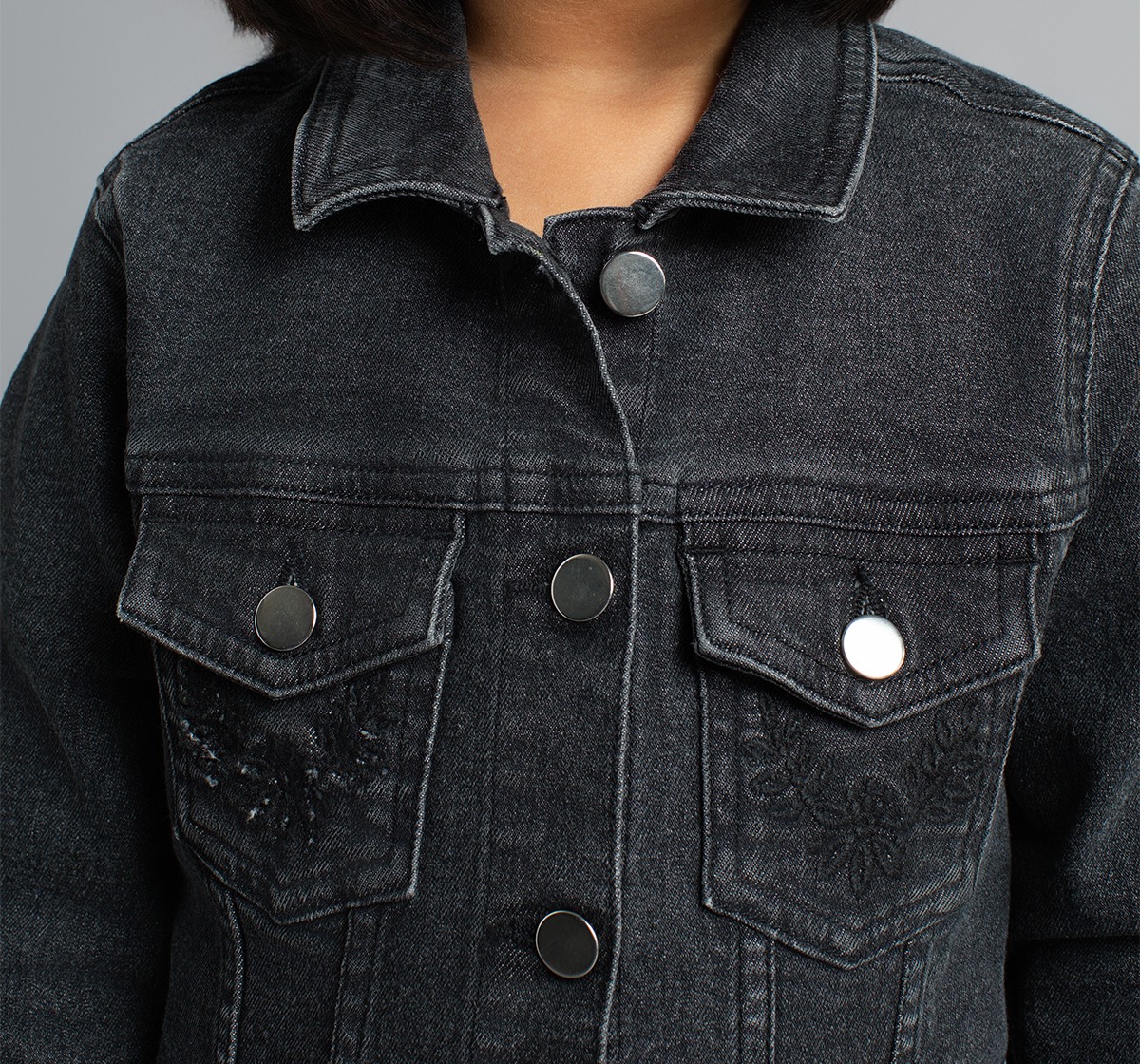 Girls Embroidered Waist Length Denim Jacket