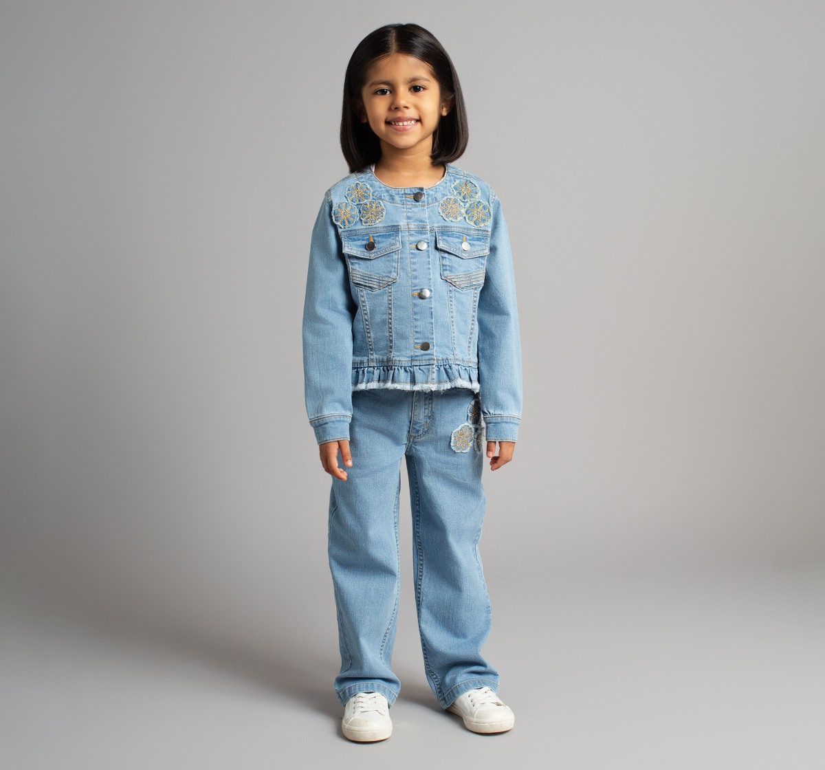 Girls Embroidered Waist Length Denim Jacket