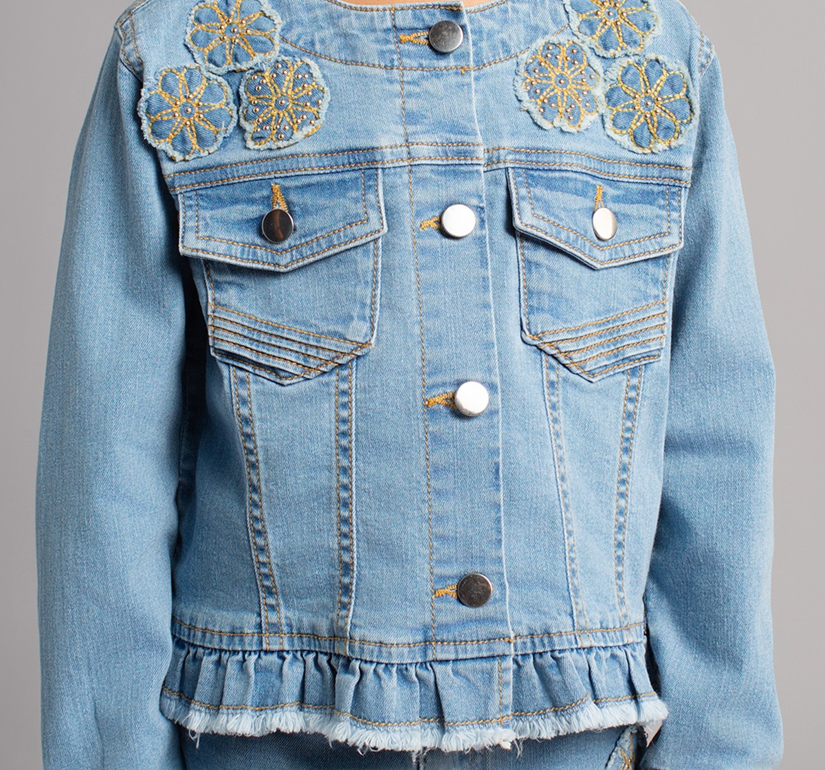 Girls Embroidered Waist Length Denim Jacket