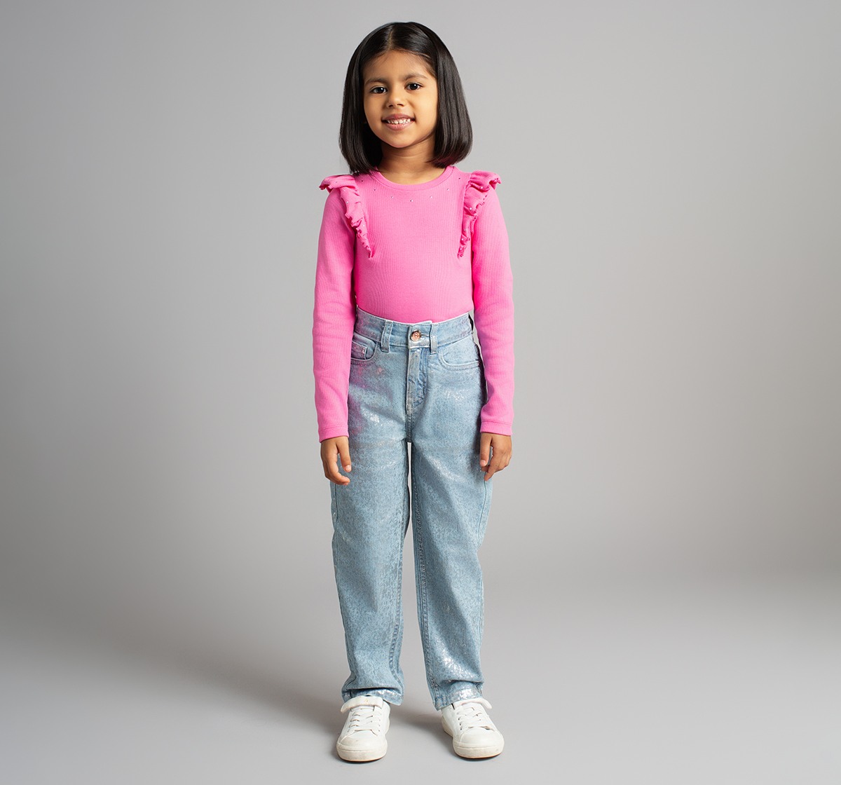 Ed-A-Mamma Girls Slim Fit Denim Jeans With All Over Silver Foil Print  - Mid Blue