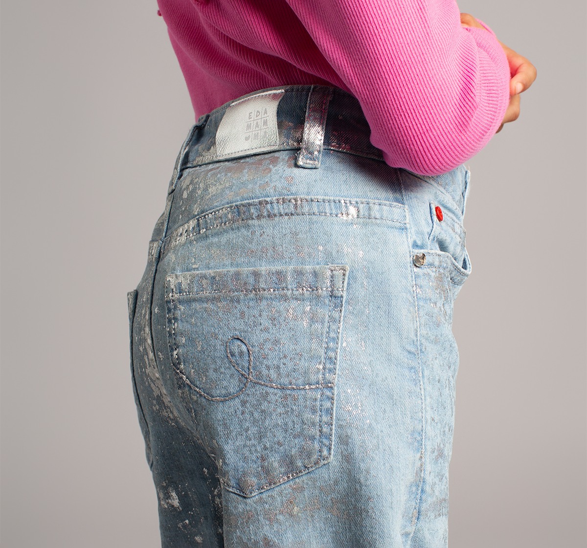 Ed-A-Mamma Girls Slim Fit Denim Jeans With All Over Silver Foil Print  - Mid Blue