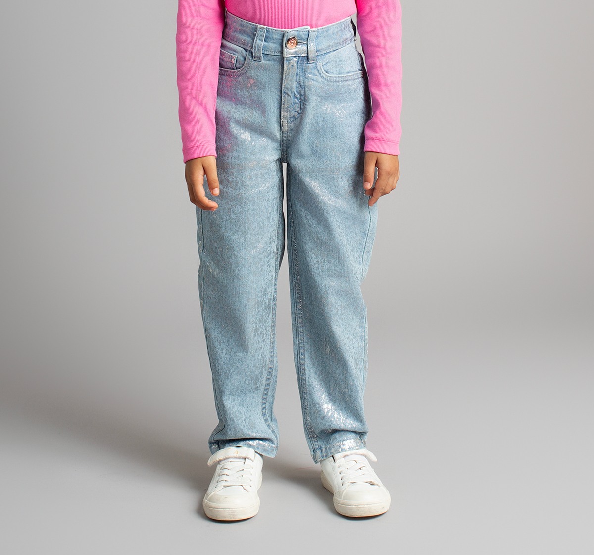 Ed-A-Mamma Girls Slim Fit Denim Jeans With All Over Silver Foil Print  - Mid Blue