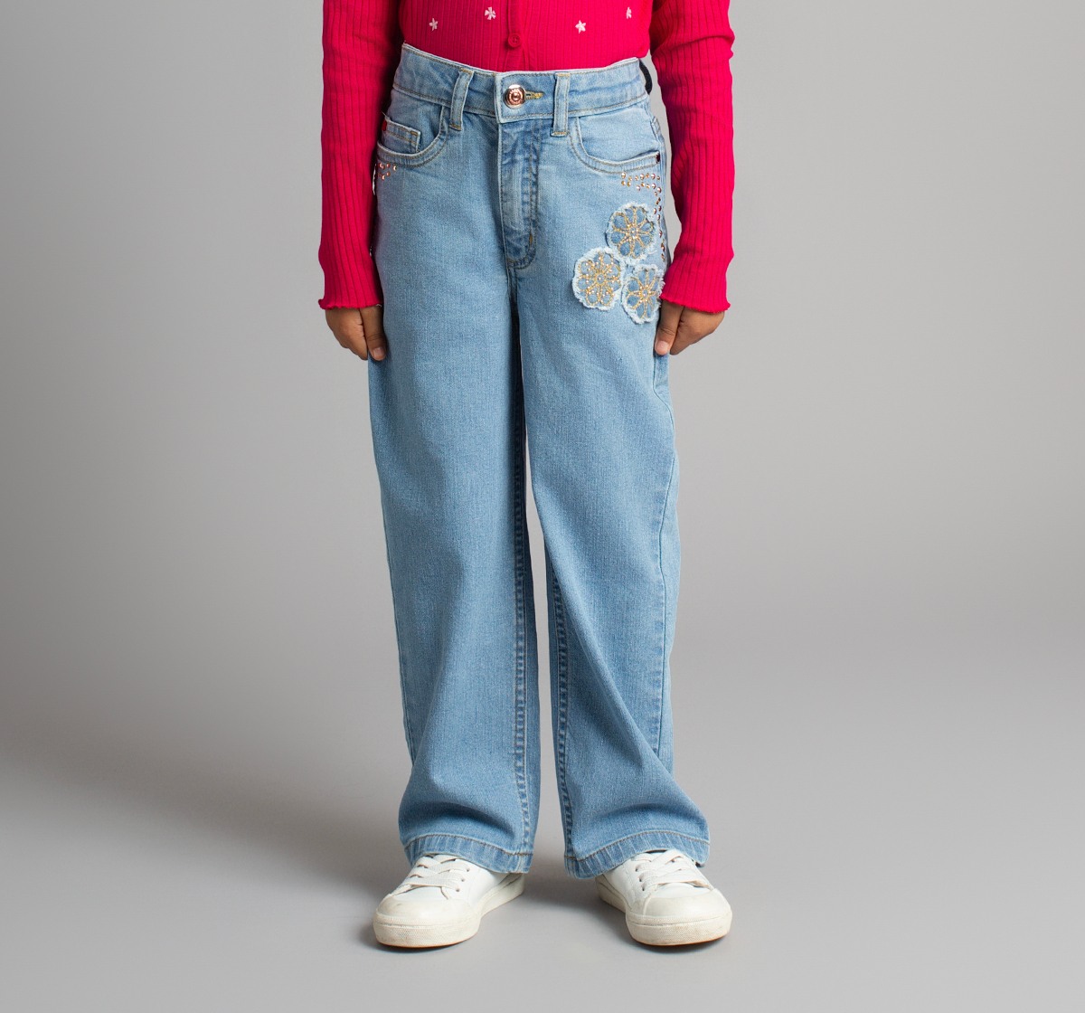 Girls Straight Fit Denim Jeans With Embroidery And Metal Studs