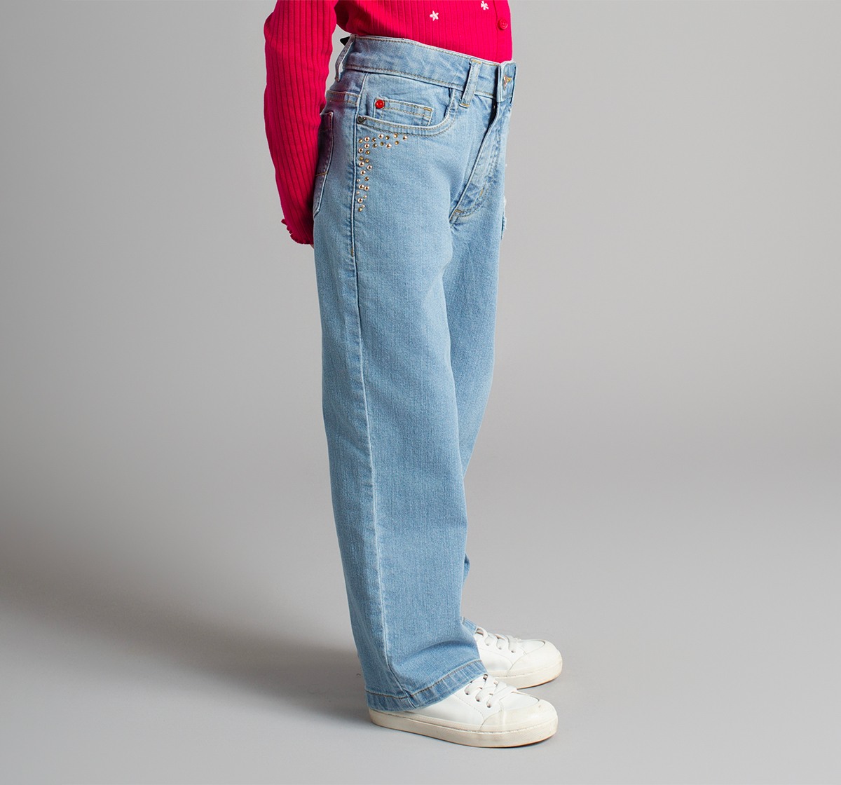 Girls Straight Fit Denim Jeans With Embroidery And Metal Studs