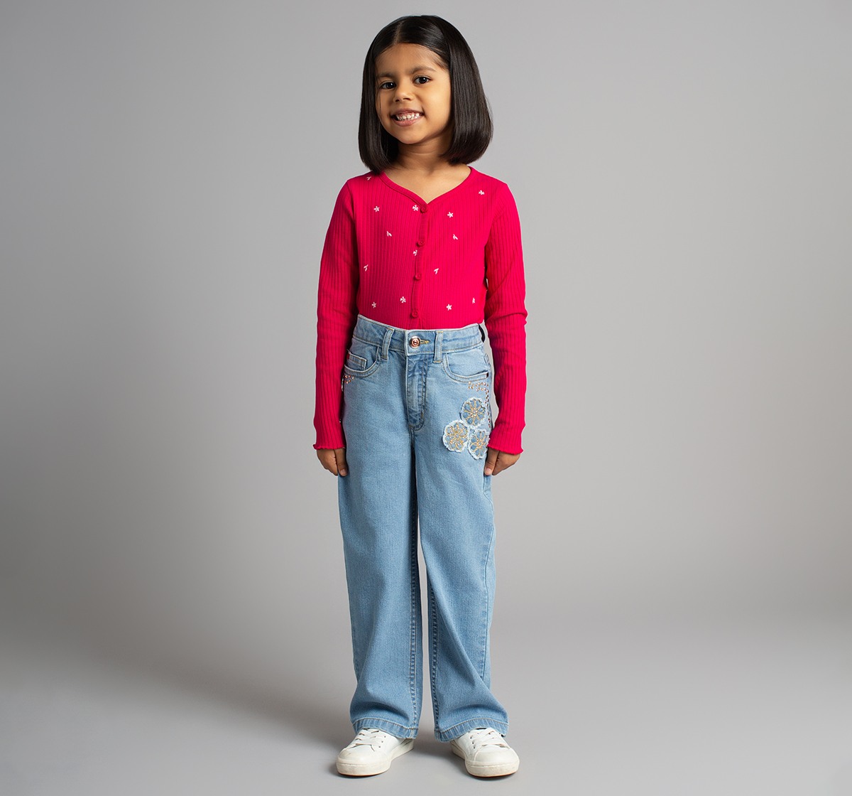 Girls Straight Fit Denim Jeans With Embroidery And Metal Studs