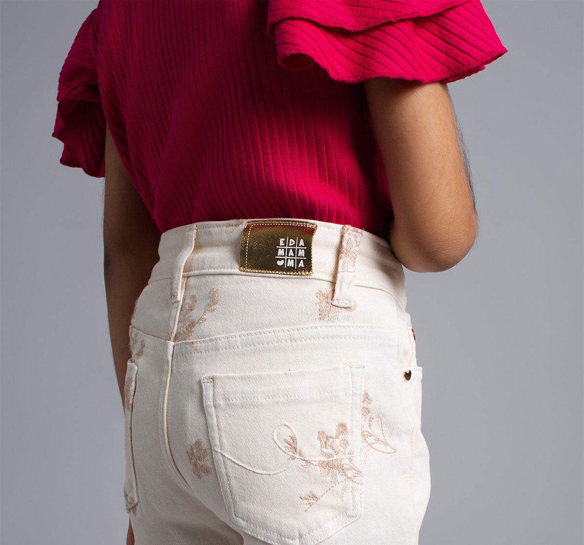 Ed-A-Mamma Girls Embroidered Slim Fit Denim Jeans - Off-White