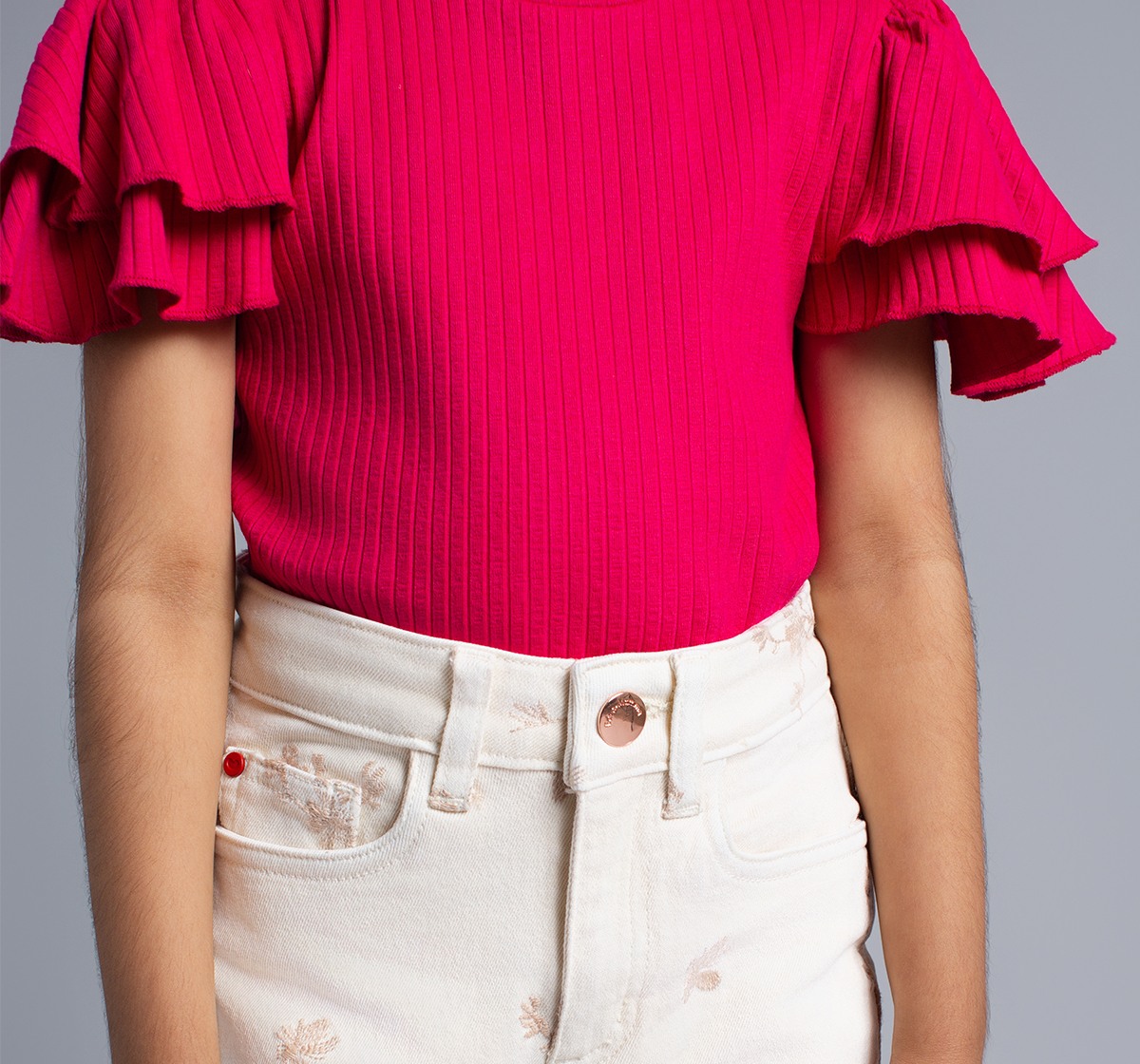 Ed-A-Mamma Girls Embroidered Slim Fit Denim Jeans - Off-White