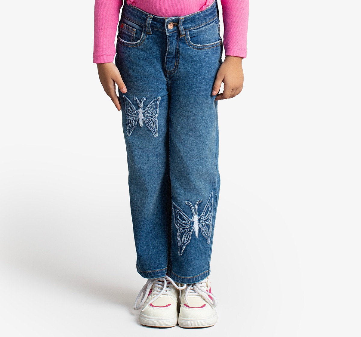 Girls Straight Fit Denim Jeans With Butterfly Applique