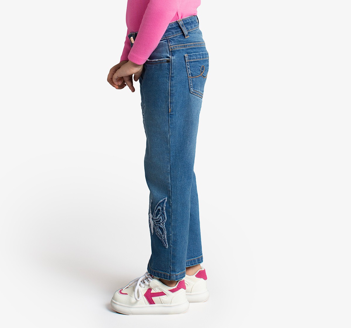 Girls Straight Fit Denim Jeans With Butterfly Applique