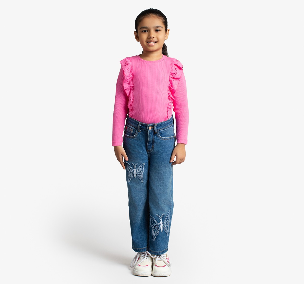 Girls Straight Fit Denim Jeans With Butterfly Applique