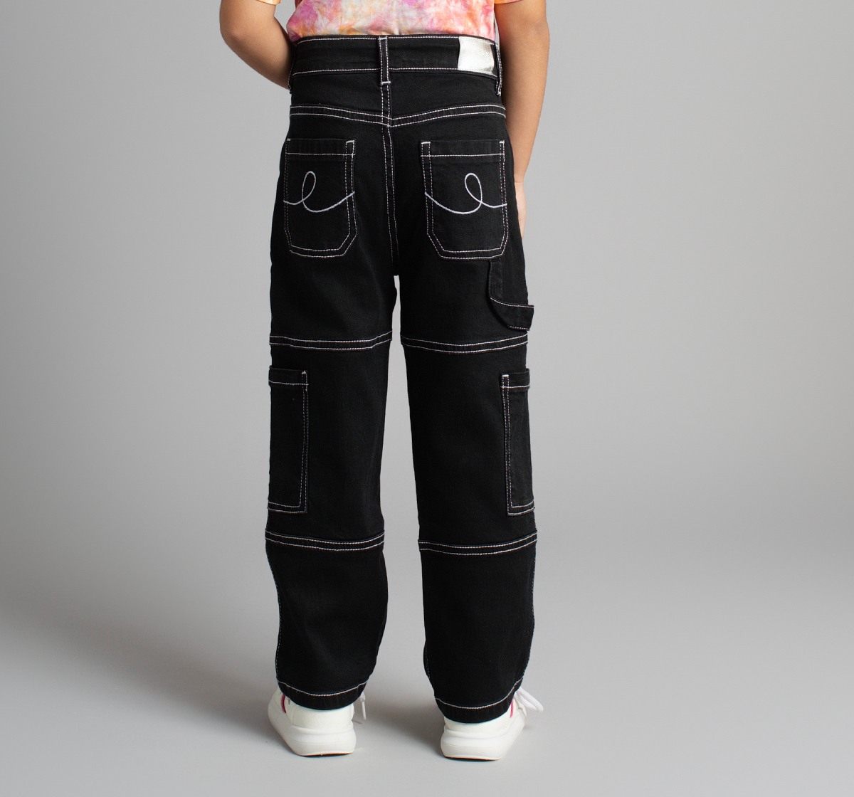 Girls Cargo Style Denim Jeans With Contrast Stitch Detail