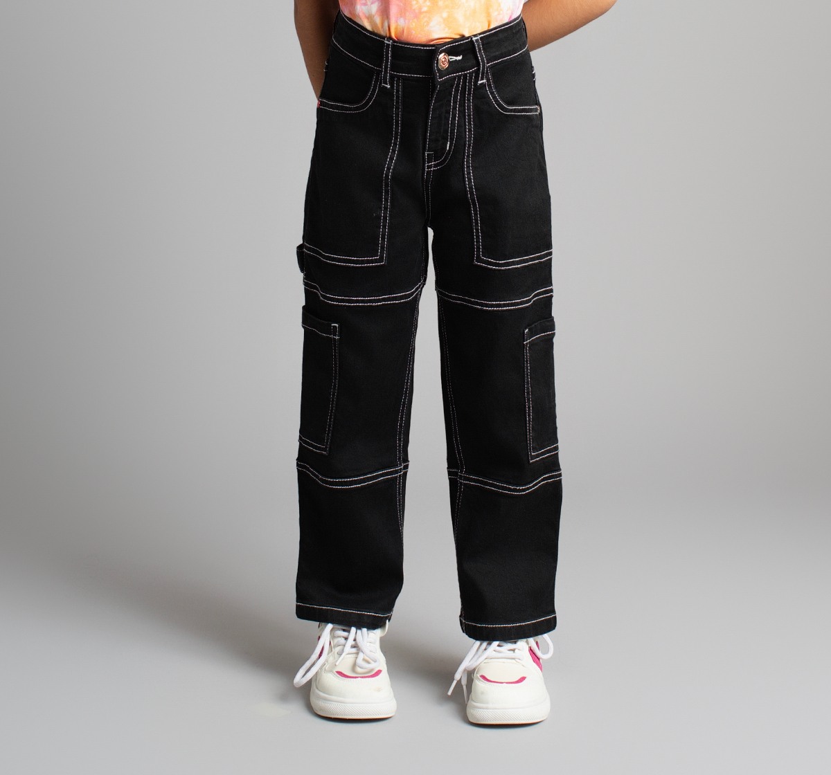 Girls Cargo Style Denim Jeans With Contrast Stitch Detail