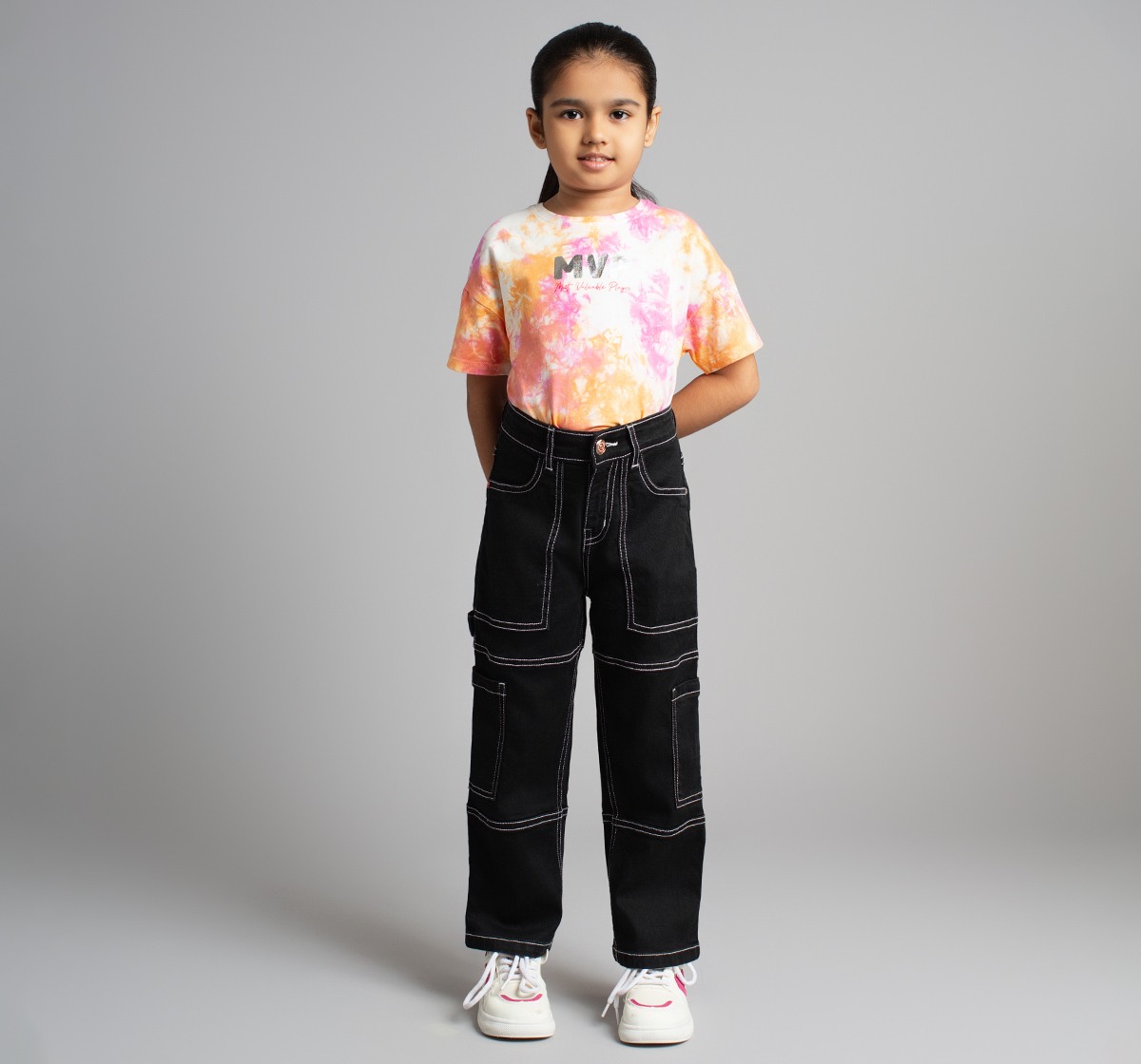 Girls Cargo Style Denim Jeans With Contrast Stitch Detail