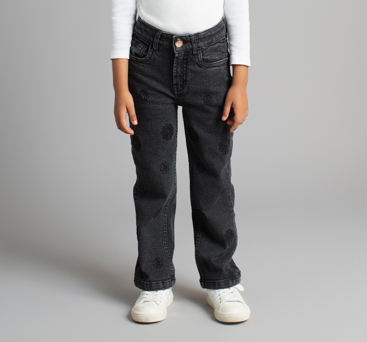 Girls Embroidered Straight Fit Denim Jeans