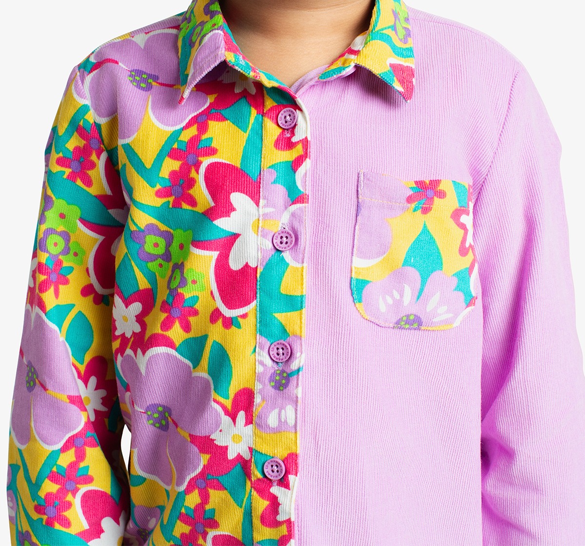 Ed-A-Mamma Girls Floral Printed Corduroy Shirt And Pant Co-Ordinate Set - Multicolor