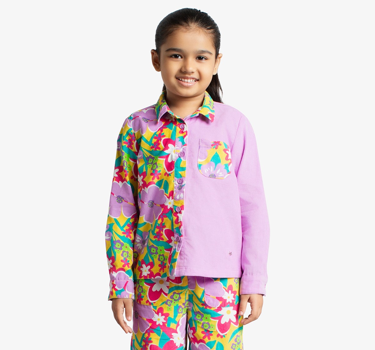 Ed-A-Mamma Girls Floral Printed Corduroy Shirt And Pant Co-Ordinate Set - Multicolor