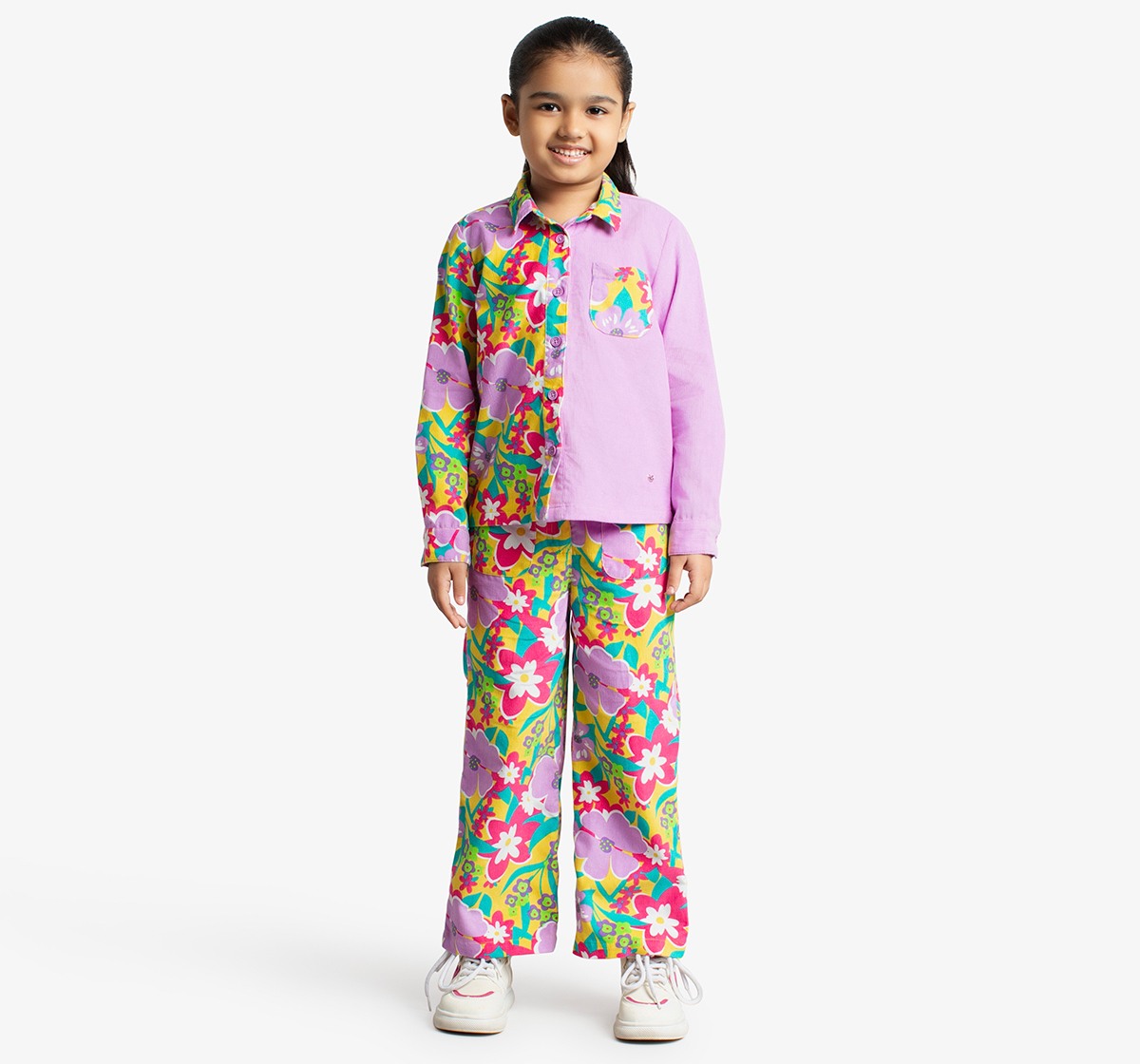 Ed-A-Mamma Girls Floral Printed Corduroy Shirt And Pant Co-Ordinate Set - Multicolor