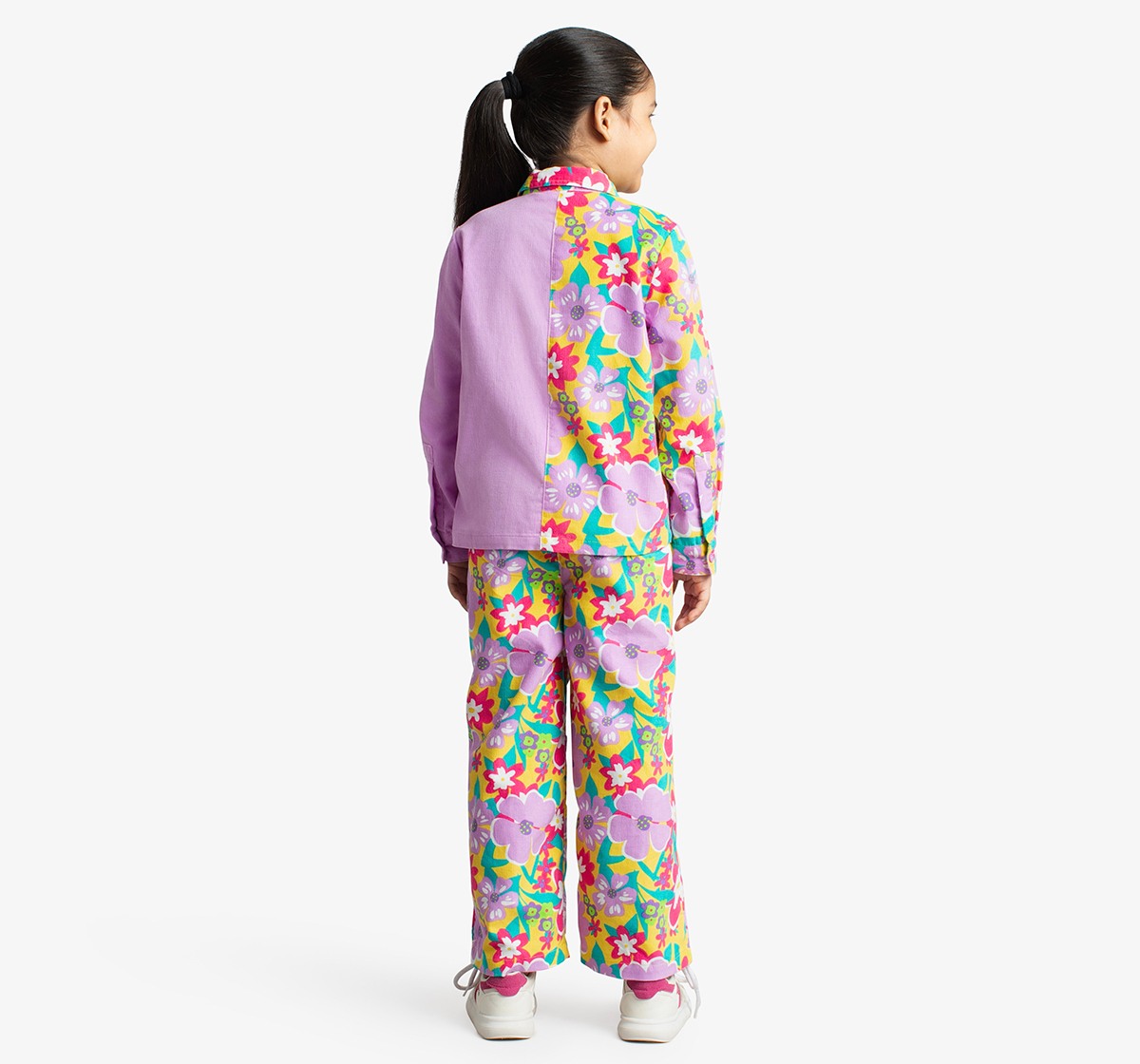 Ed-A-Mamma Girls Floral Printed Corduroy Shirt And Pant Co-Ordinate Set - Multicolor