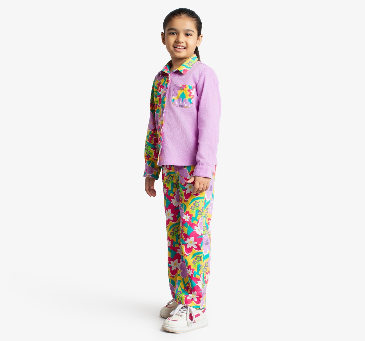 Ed-A-Mamma Girls Floral Printed Corduroy Shirt And Pant Co-Ordinate Set - Multicolor