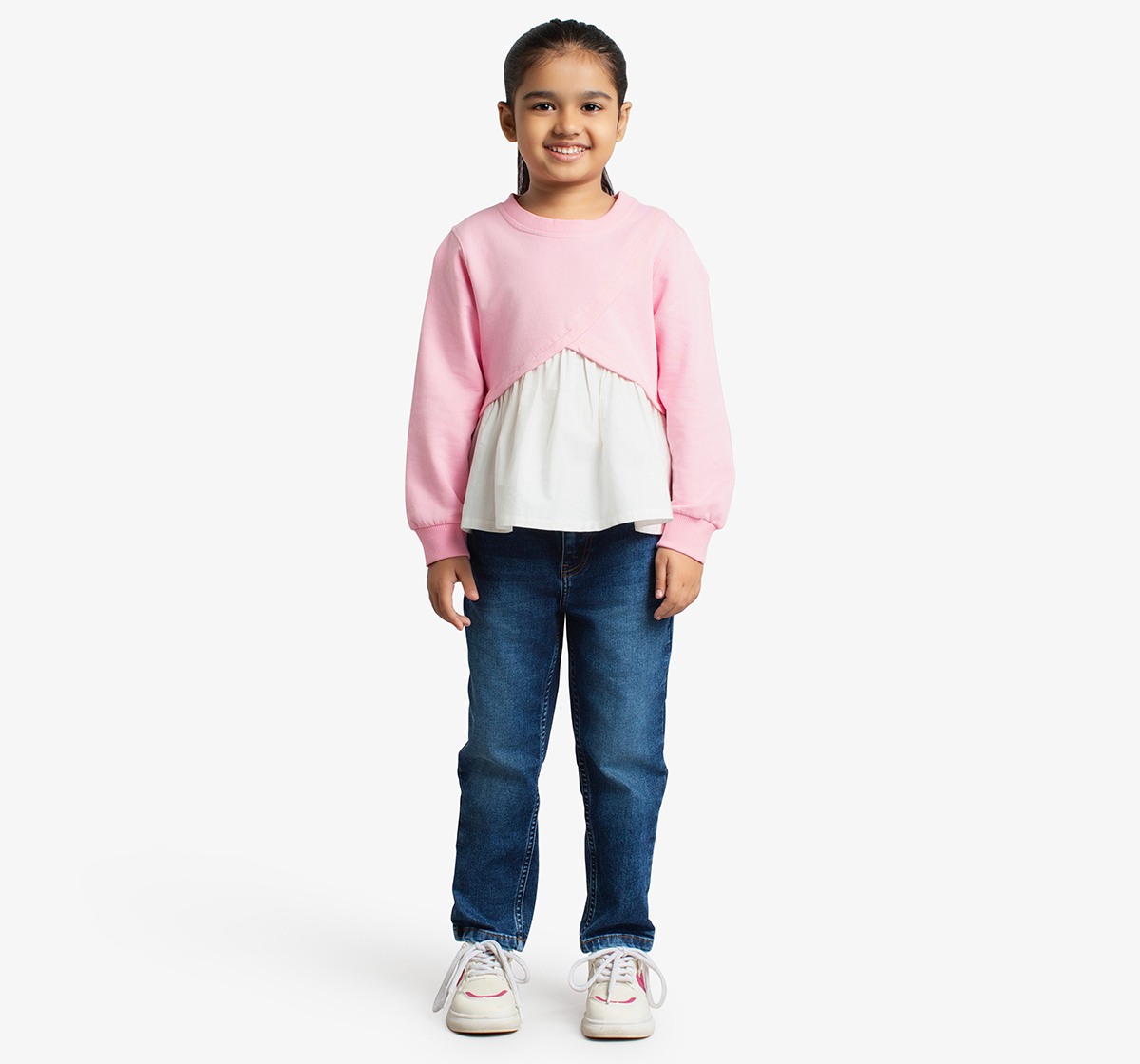 Girls Knit Woven Combination Pleated Sweatshirt