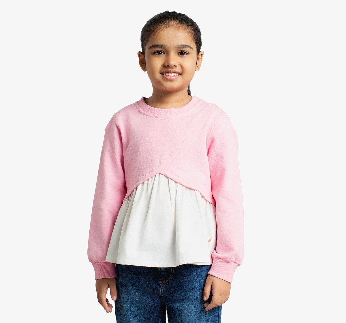Girls Knit Woven Combination Pleated Sweatshirt