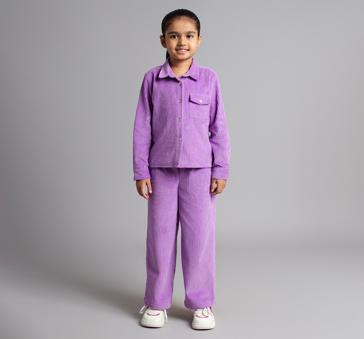 Ed-A-Mamma Girls Corduroy Shirt And Trousers With Rhine Stone Detail - Lilac