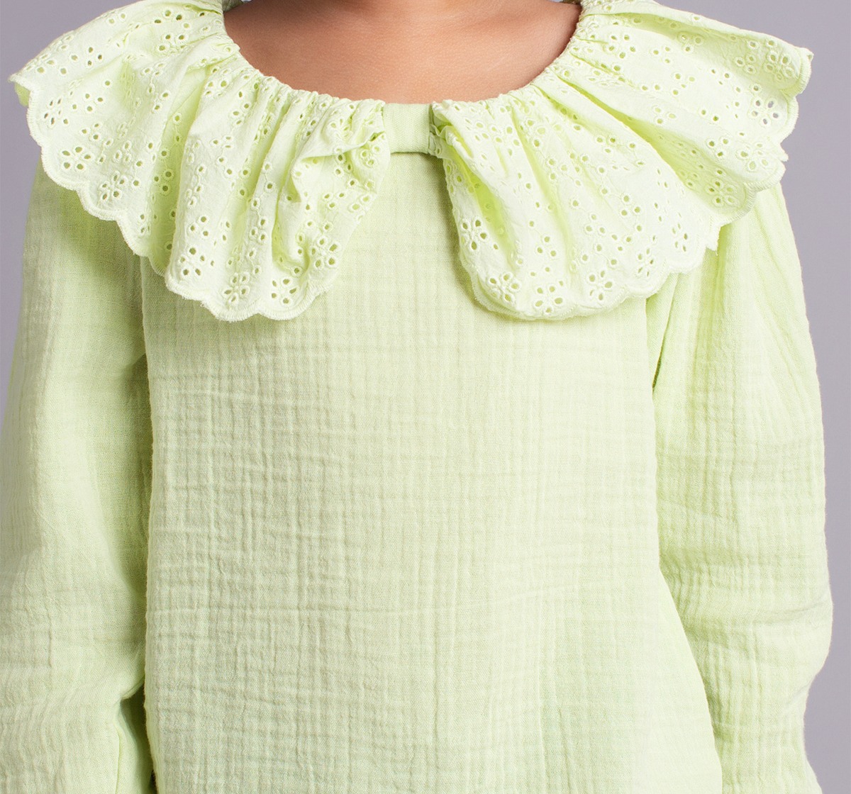 Ed-A-Mamma Girls Top With Schiffli Collar - Green