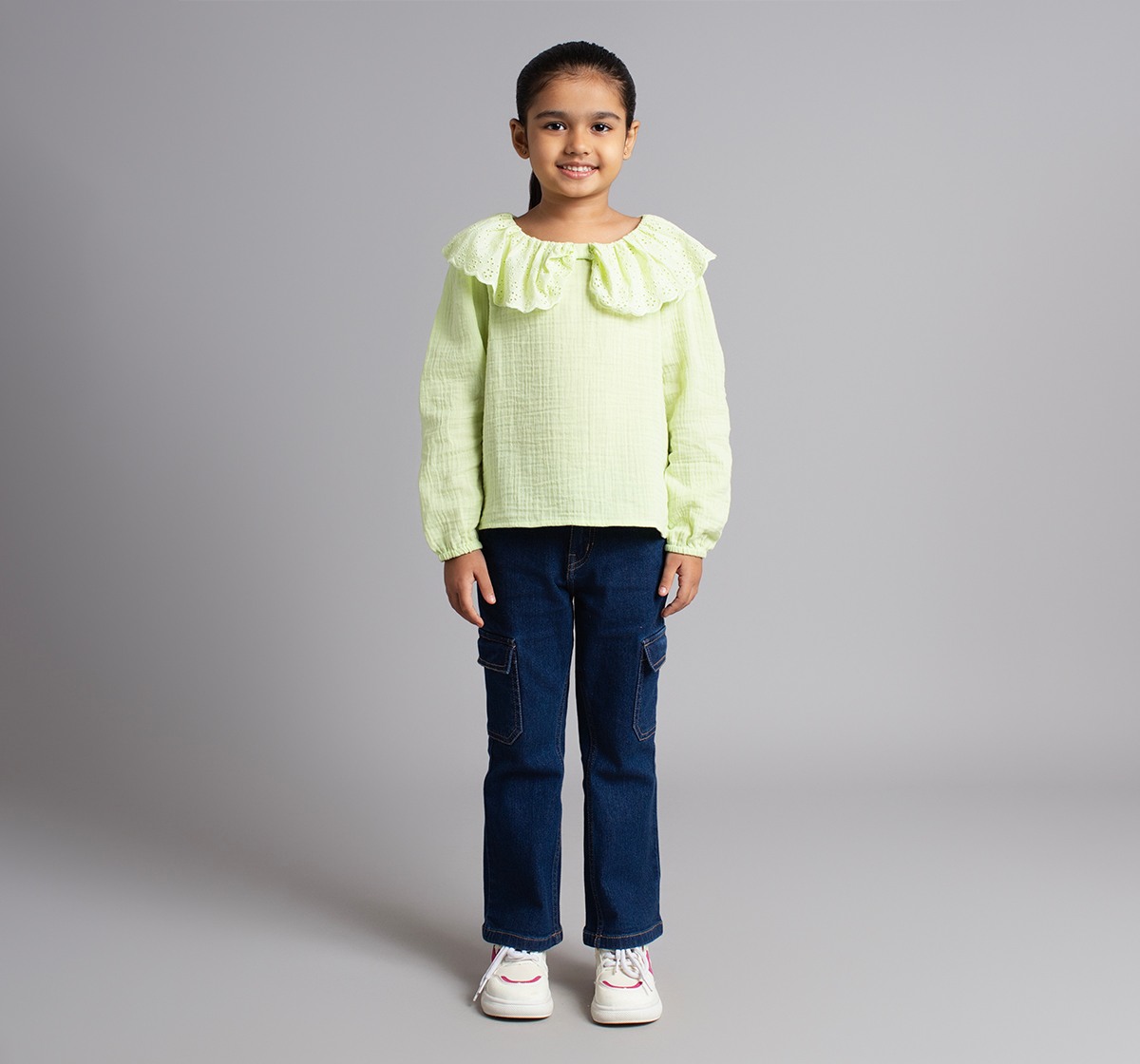 Ed-A-Mamma Girls Top With Schiffli Collar - Green