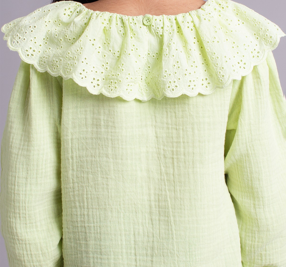 Ed-A-Mamma Girls Top With Schiffli Collar - Green