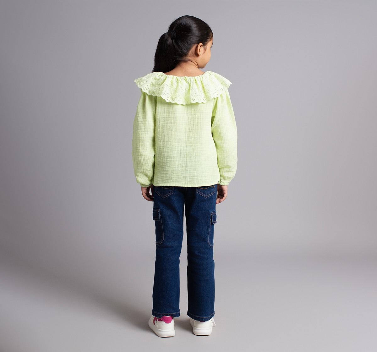 Ed-A-Mamma Girls Top With Schiffli Collar - Green