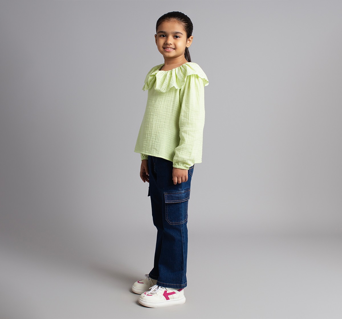 Ed-A-Mamma Girls Top With Schiffli Collar - Green