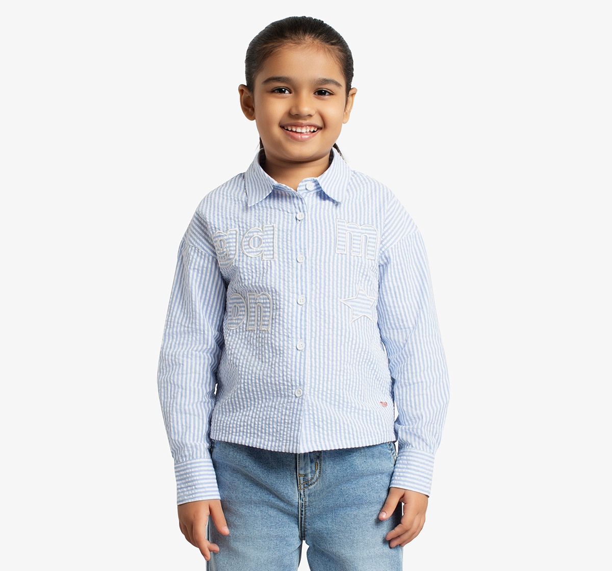 Girls Striped Shirt With Applique Embroidery