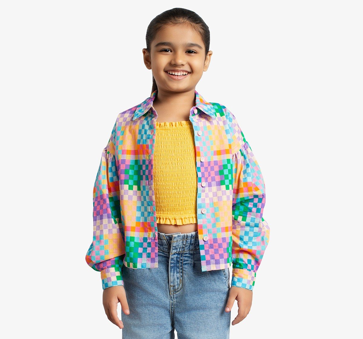 Girls Checkered Shirt With Smocked Bustier Top