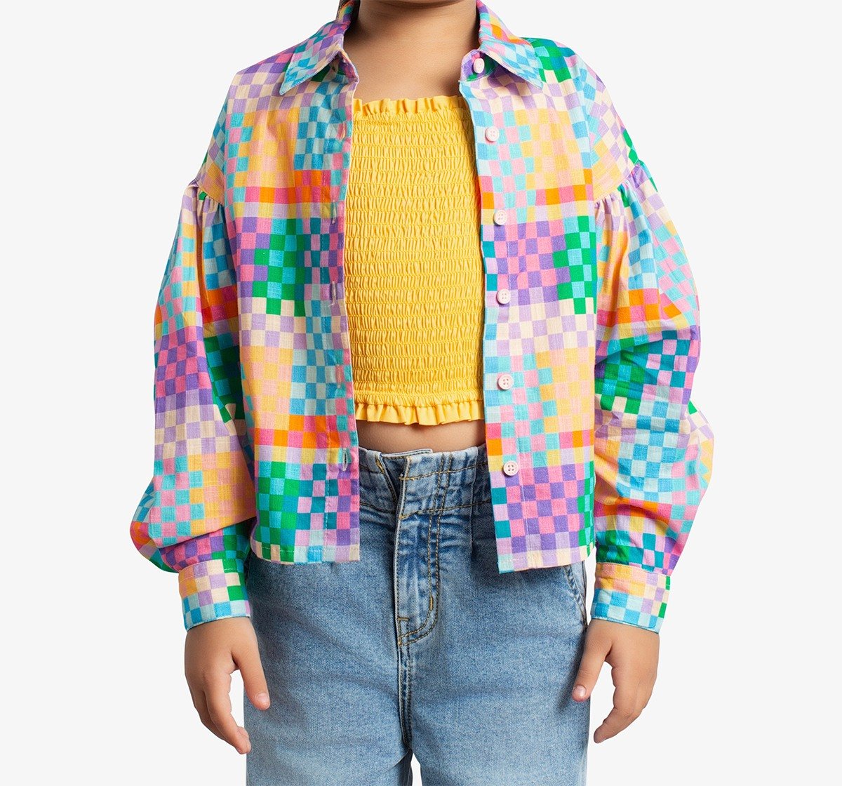 Girls Checkered Shirt With Smocked Bustier Top