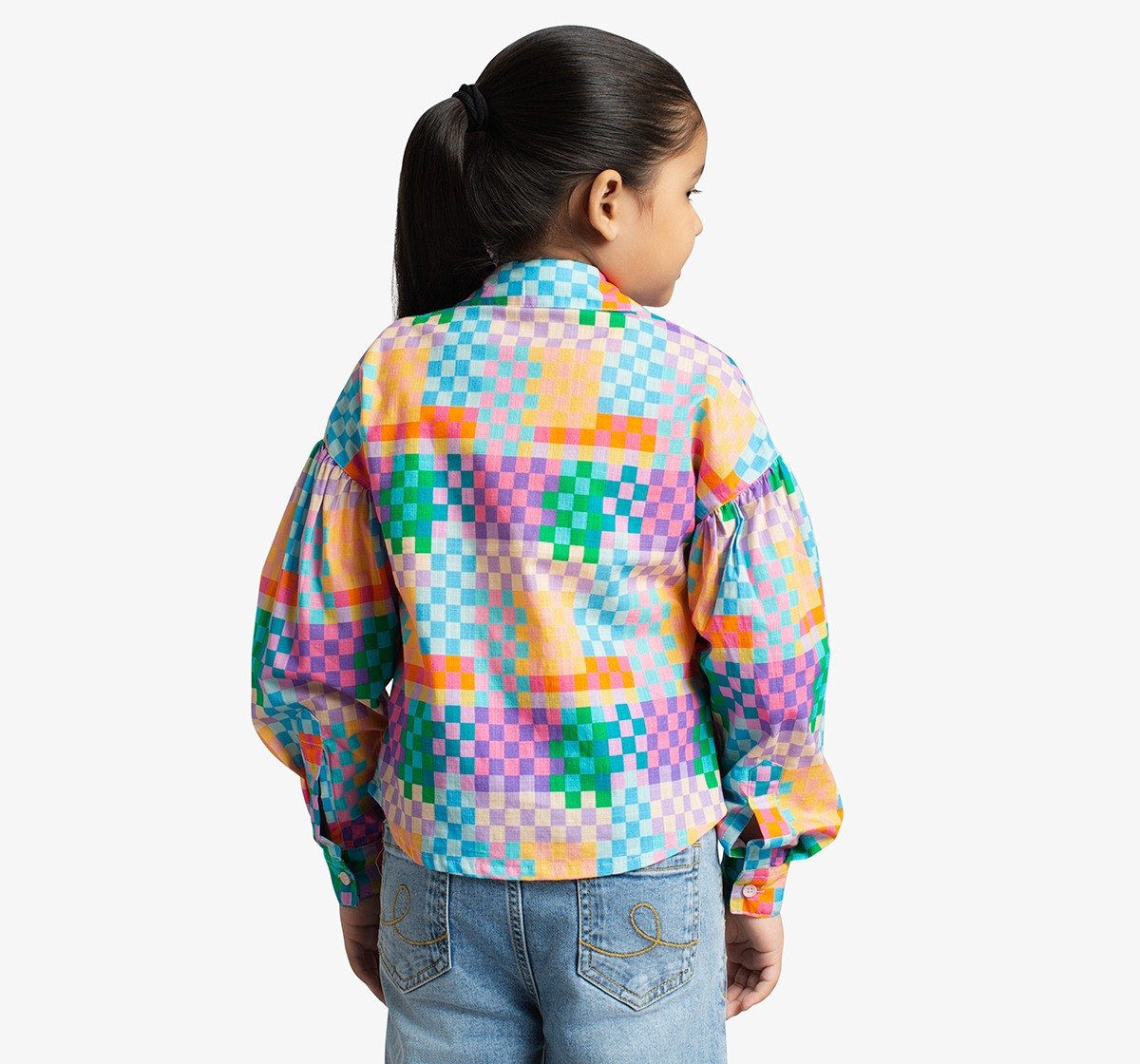 Girls Checkered Shirt With Smocked Bustier Top