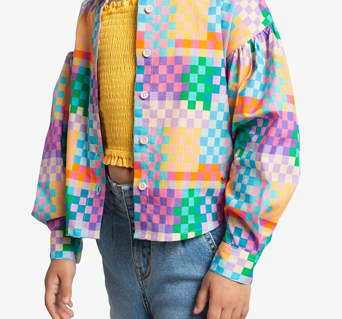 Girls Checkered Shirt With Smocked Bustier Top