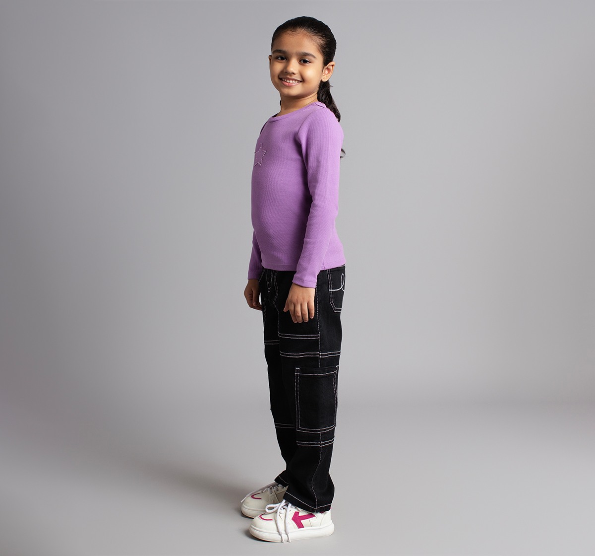 Girls Full Sleeves Ribbed T-Shirt With Star Applique