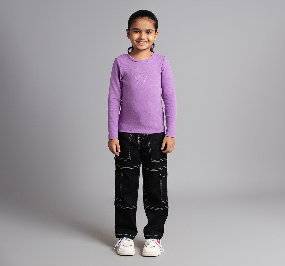 Girls Full Sleeves Ribbed T-Shirt With Star Applique
