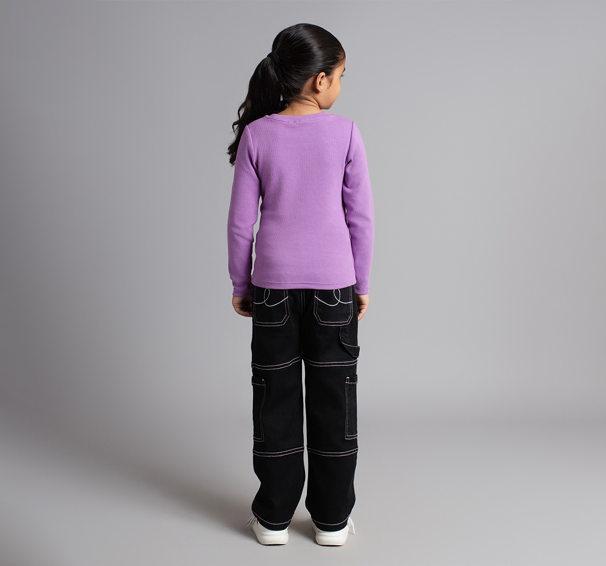 Girls Full Sleeves Ribbed T-Shirt With Star Applique