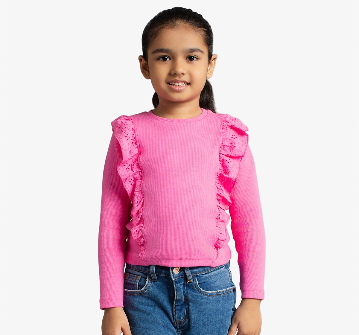 Girls Full Sleeves Ribbed Tee With Schiffli Ruffles