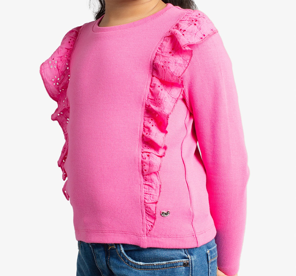 Girls Full Sleeves Ribbed Tee With Schiffli Ruffles