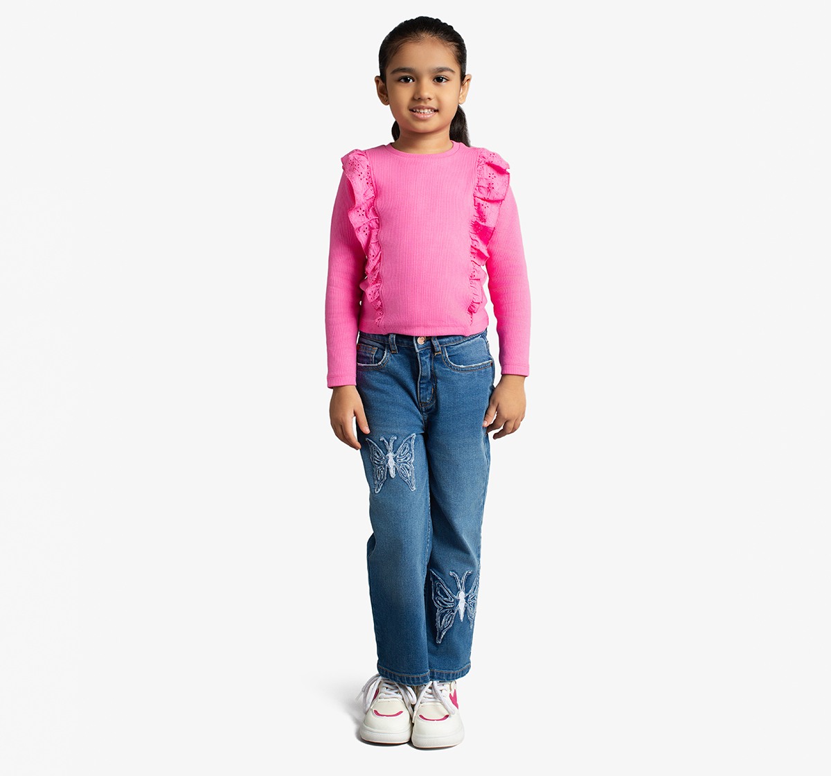 Girls Full Sleeves Ribbed Tee With Schiffli Ruffles
