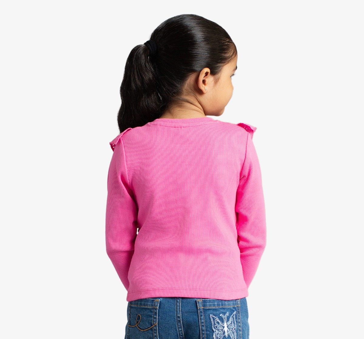 Girls Full Sleeves Ribbed Tee With Schiffli Ruffles